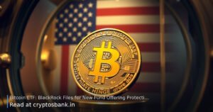 A gold Bitcoin coin inside a glass bank vault with the US flag softly reflected in the background.