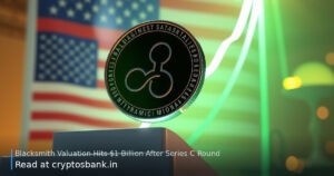 A dark silver coin climbing a glowing green upward staircase against a US flag background.