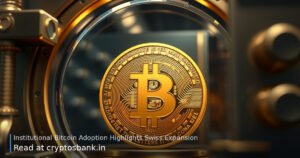 A golden Bitcoin coin inside a secure glass vault with the Swiss flag in the background.