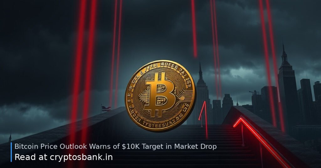 A gold Bitcoin coin sliding down a dark staircase against a gloomy city skyline, illustrating a price drop.