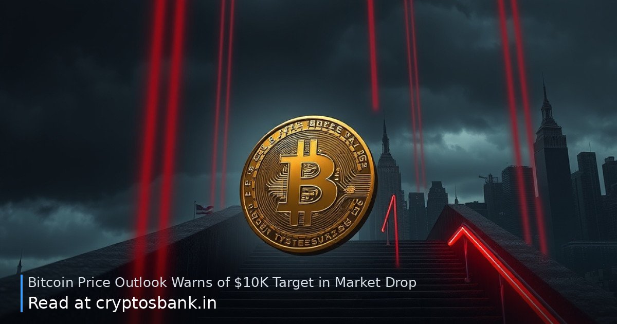 A gold Bitcoin coin sliding down a dark staircase against a gloomy city skyline, illustrating a price drop.