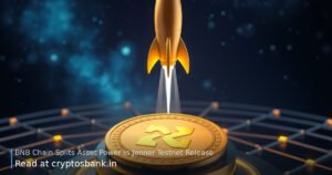 A yellow coin with a four-pronged emblem on a launch pad as a rocket lifts off.