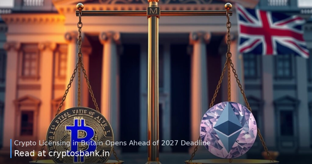 Crypto coins on scales of justice in front of a British government building.