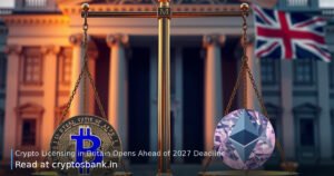 Crypto coins on scales of justice in front of a British government building.