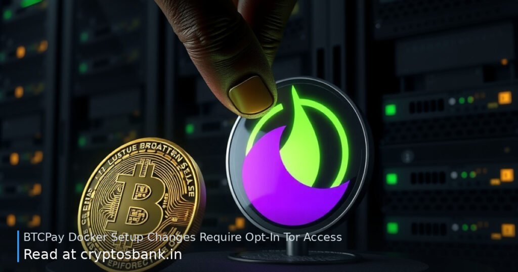 A gold Bitcoin coin beside a glowing Tor onion shield, with an anonymous hand flipping an illuminated toggle switch.