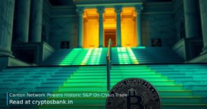 Canton Network coin at base of glowing green staircase leading to a justice‑themed classical building