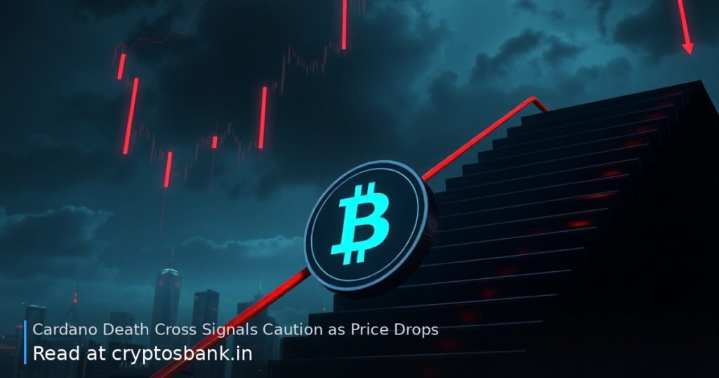 A dark blue Cardano coin slides down a red-lit staircase under gloomy clouds.