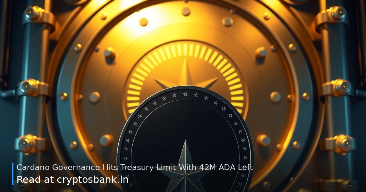 Cardano coin near a treasury vault door with a progress dial nearing its cap and closing constraint bars.