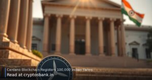 Cardano coin and official building with the Indian flag, representing farm land registration on blockchain.