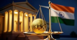 AI-generated image: Bitcoin coin on scales of justice with Indian flag in background