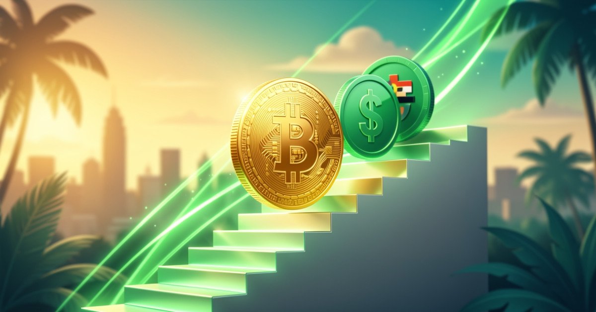 AI-generated image: Crypto coins climbing a glowing staircase against a Latin American skyline.