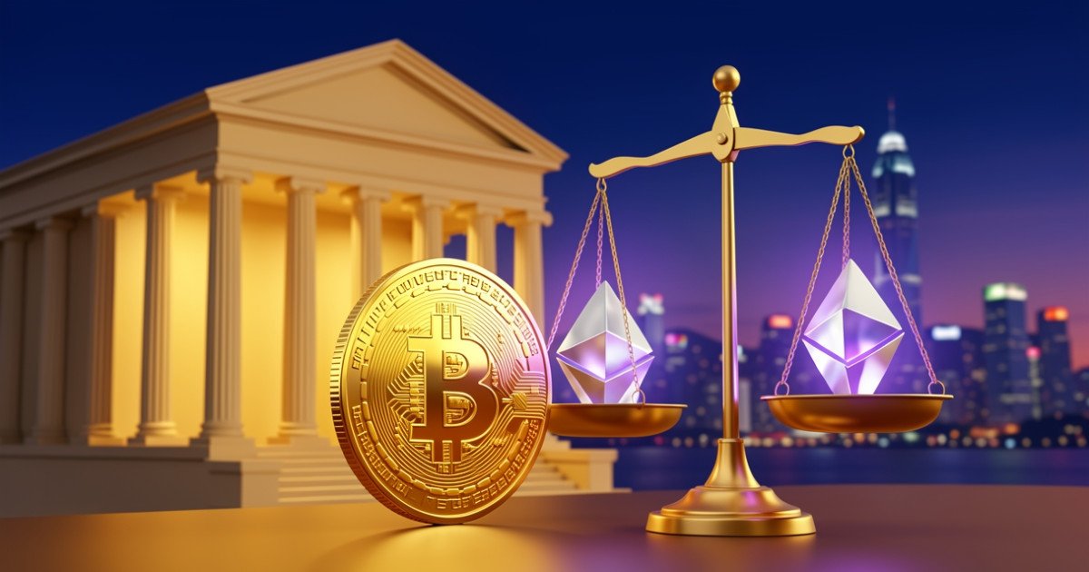 AI-generated image: Crypto coins on scales of justice before a government building against the Hong Kong skyline at dusk.