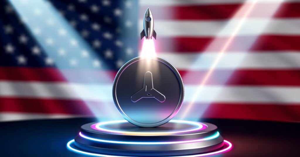 AI-generated image: A silver coin on a launch pad with a rocket lifting off against a US flag background.