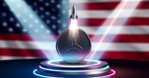 AI-generated image: A silver coin on a launch pad with a rocket lifting off against a US flag background.