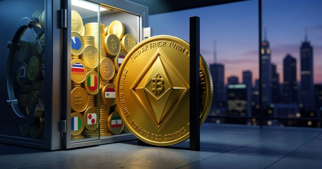 AI-generated image: An XRP coin blocked by a dark barrier from entering a glass vault filled with rival funds.