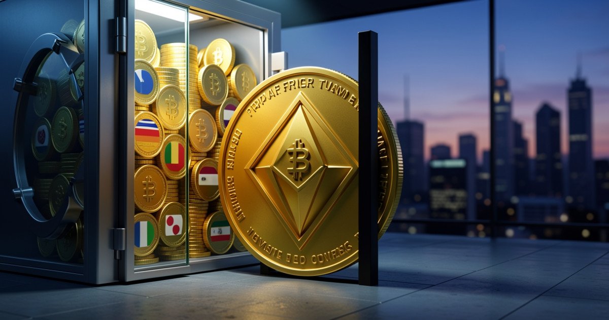 AI-generated image: An XRP coin blocked by a dark barrier from entering a glass vault filled with rival funds.