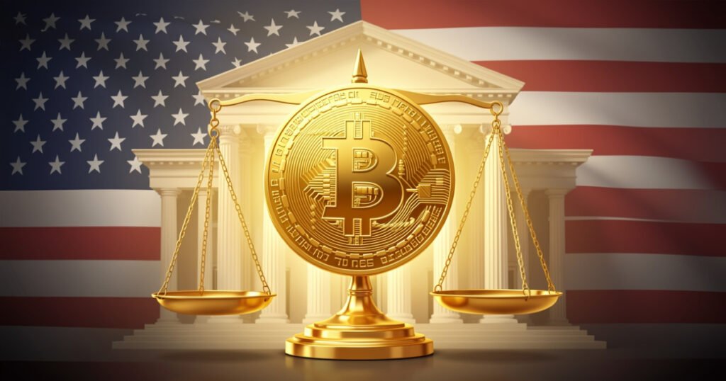 AI-generated image: Bitcoin coin on scales of justice before a government building with the US flag.