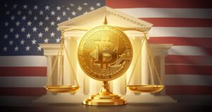 AI-generated image: Bitcoin coin on scales of justice before a government building with the US flag.