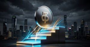AI-generated image: An AI coding model coin climbing to the top three steps of a glowing staircase against a dark city background.