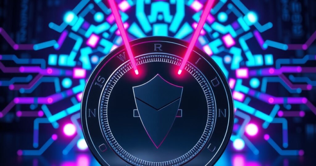 A dark silver privacy coin protected by a digital shield against AI scanning rays.