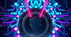 A dark silver privacy coin protected by a digital shield against AI scanning rays.