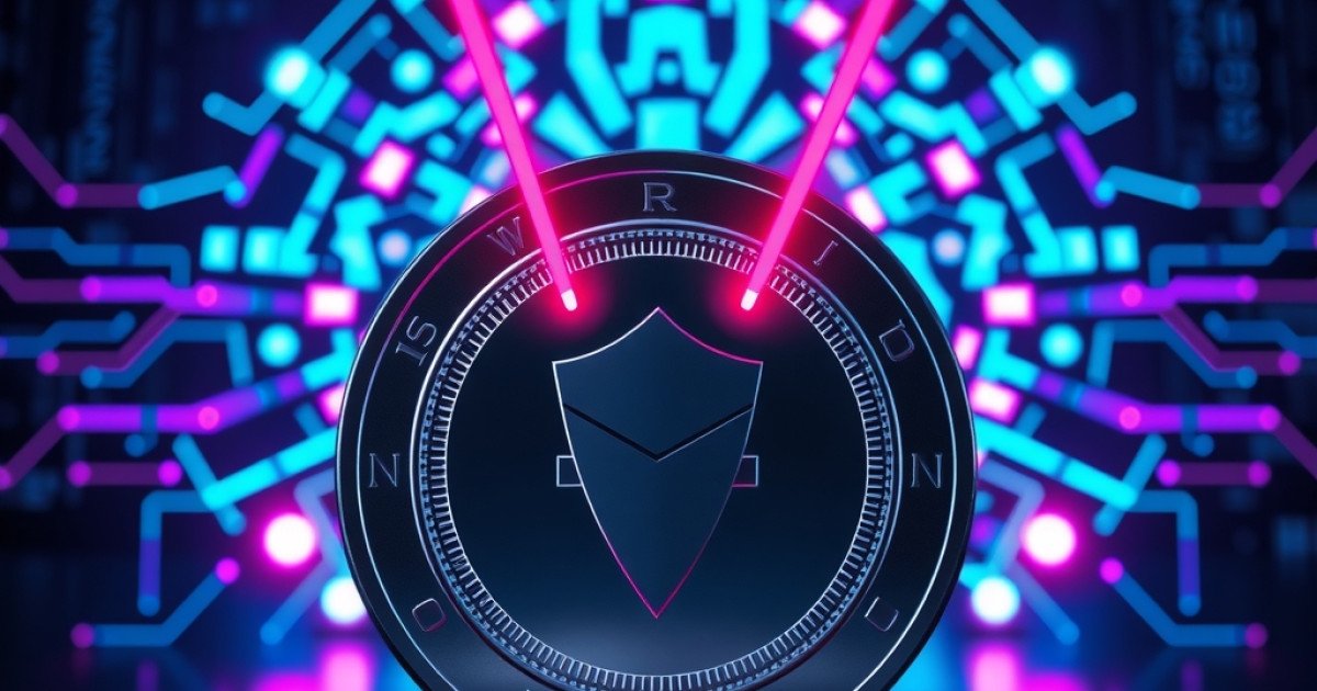 A dark silver privacy coin protected by a digital shield against AI scanning rays.