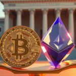 Crypto market digest covering Bitcoin, DeFi, and regulation on scales of justice.