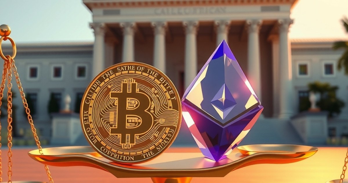 Crypto market digest covering Bitcoin, DeFi, and regulation on scales of justice.