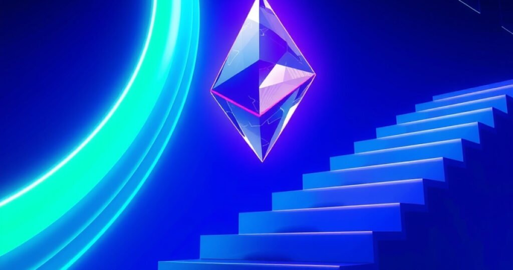 An Ethereum crystal ascending a glowing staircase with green light trails.