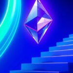 An Ethereum crystal ascending a glowing staircase with green light trails.
