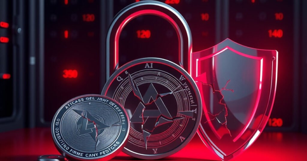 A dark silver token beside a cracked padlock and shattered glass shield under red warning light.