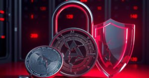 A dark silver token beside a cracked padlock and shattered glass shield under red warning light.