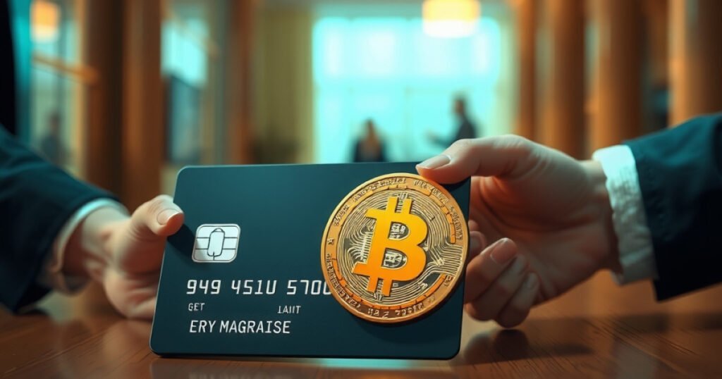 A crypto payment card and a Bitcoin coin connected by a glowing bridge, representing everyday spending.