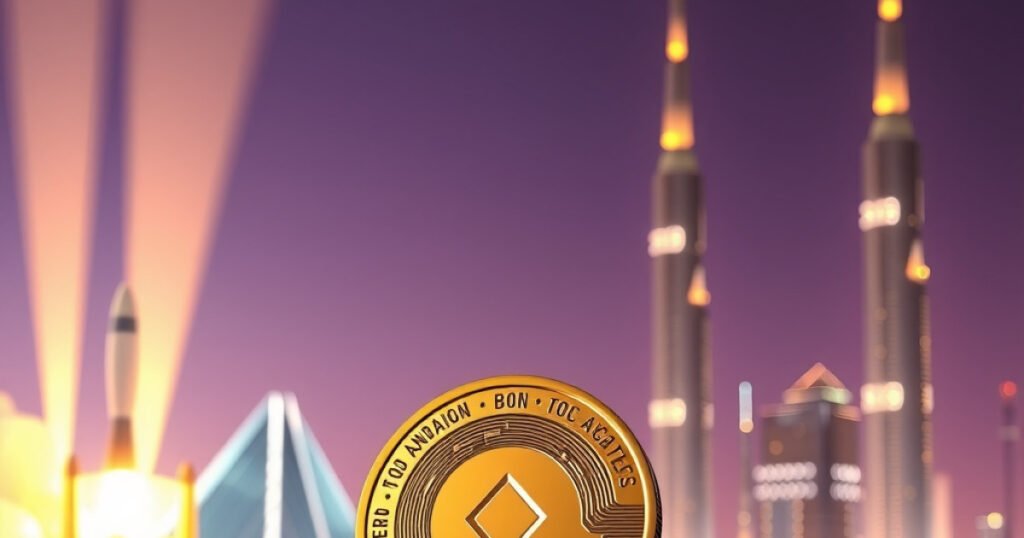 Illustration of a tokenized asset coin and a rocket launching against the Dubai skyline at dusk.