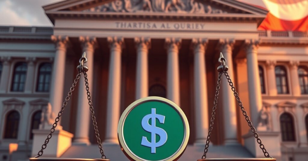 Scales of justice with a currency coin and the US flag in the background representing political shifts.