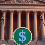Scales of justice with a currency coin and the US flag in the background representing political shifts.