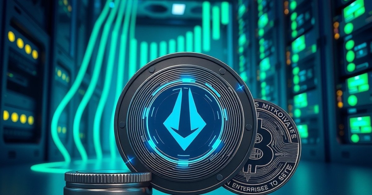 An illustration of a tech coin protected by a glowing digital shield and green light trails.