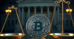 An abstract crypto coin on the scales of justice in front of a government building with the US flag.