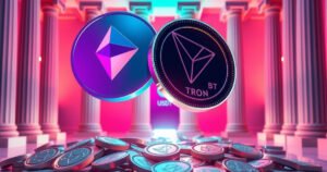 Polygon and TRON crypto coins connected by a glowing energy bridge to a classic bank building above green USDT coins.