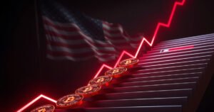 Tech and AI circuit coins sliding down a steep falling red chart against a US flag background.