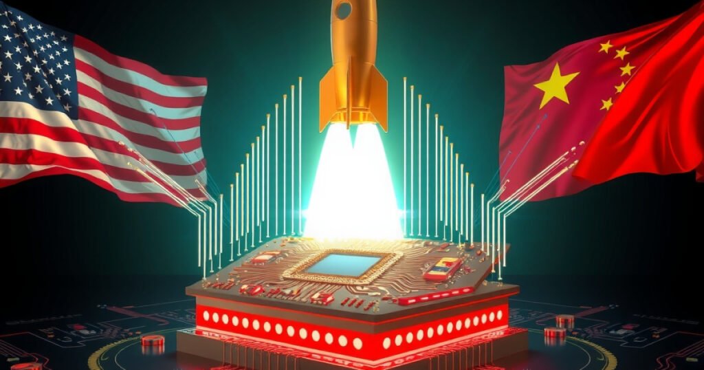 A glowing microchip launchpad with a rocket rising between the US and Chinese flags.
