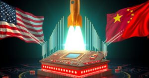 A glowing microchip launchpad with a rocket rising between the US and Chinese flags.