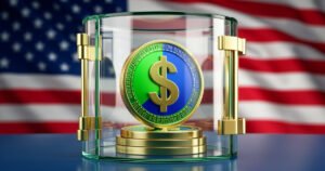 A dollar coin inside a glass vault with the US flag in the background.