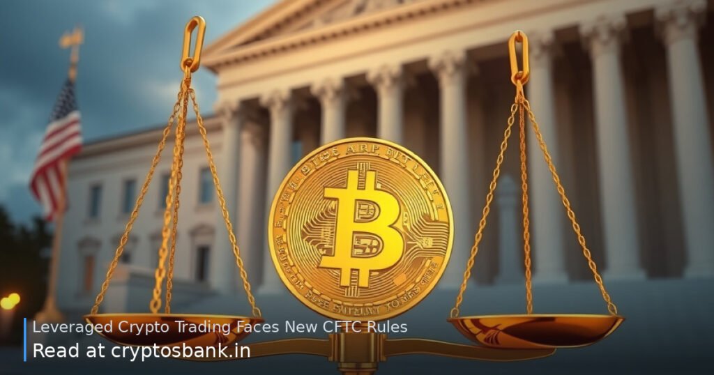 A gold Bitcoin coin on the scales of justice before a government building with the US flag reflecting.