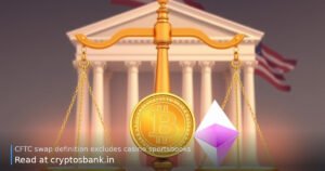 Bitcoin and Ethereum coins balanced on scales of justice before a US government building, with the US flag behind
