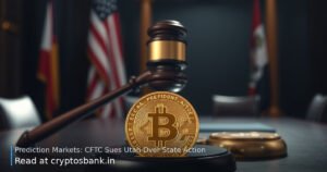 A golden prediction market coin under a judge's gavel with the US flag in the background.