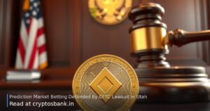 A golden coin and a judge's gavel with the US flag in the background.