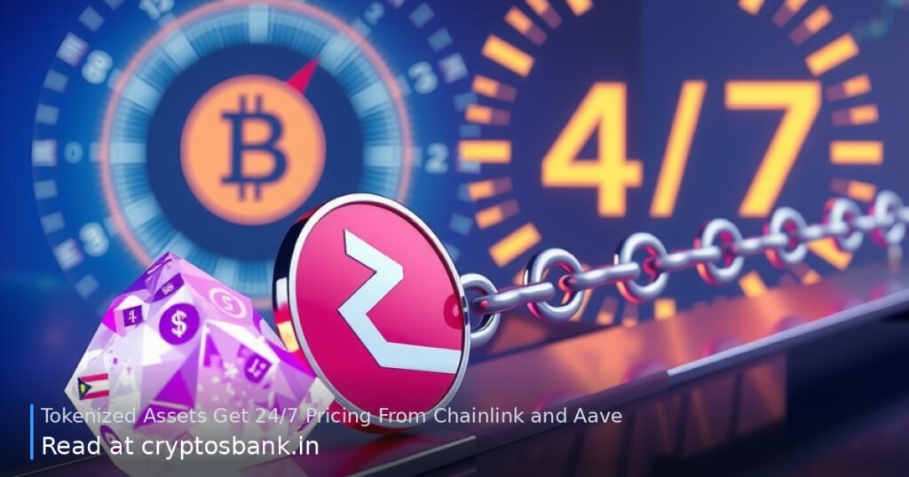 Illustration of tokenized asset coins connected by a glowing chain bridge with a 24/7 clock.