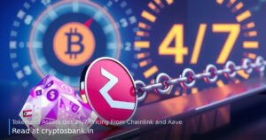 Illustration of tokenized asset coins connected by a glowing chain bridge with a 24/7 clock.