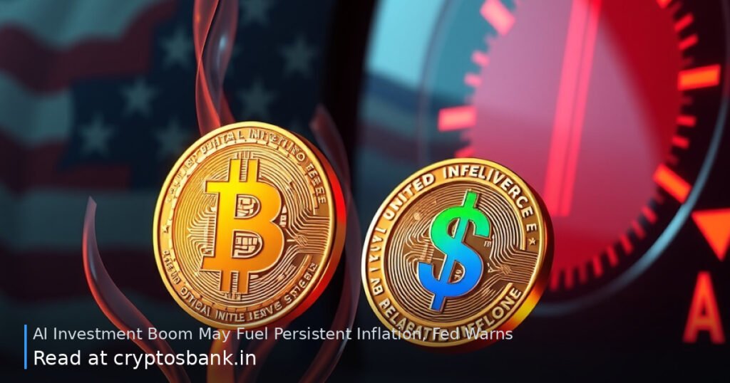 Crypto coins floating over rising heat waves with a red warning gauge and US flag background.